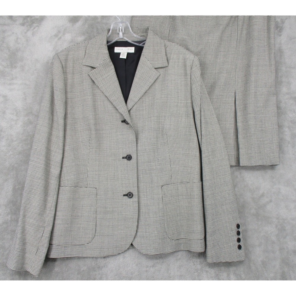 Vintage Casual Corner Skirt Suit Womens Size 12 Houndstooth Wool Quiet Luxury